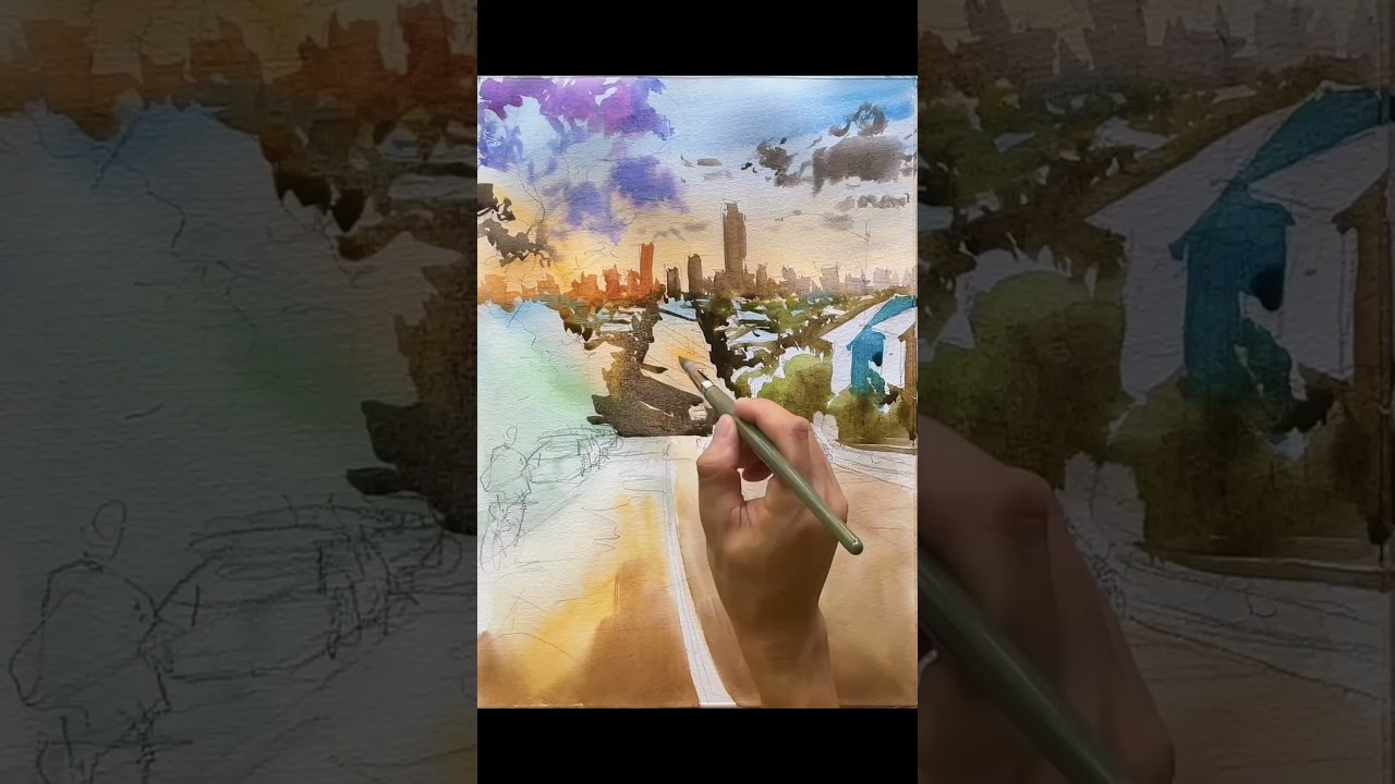 Watercolour Street Scene Demo  | Life Rolling Downhill Under Summer Light 
