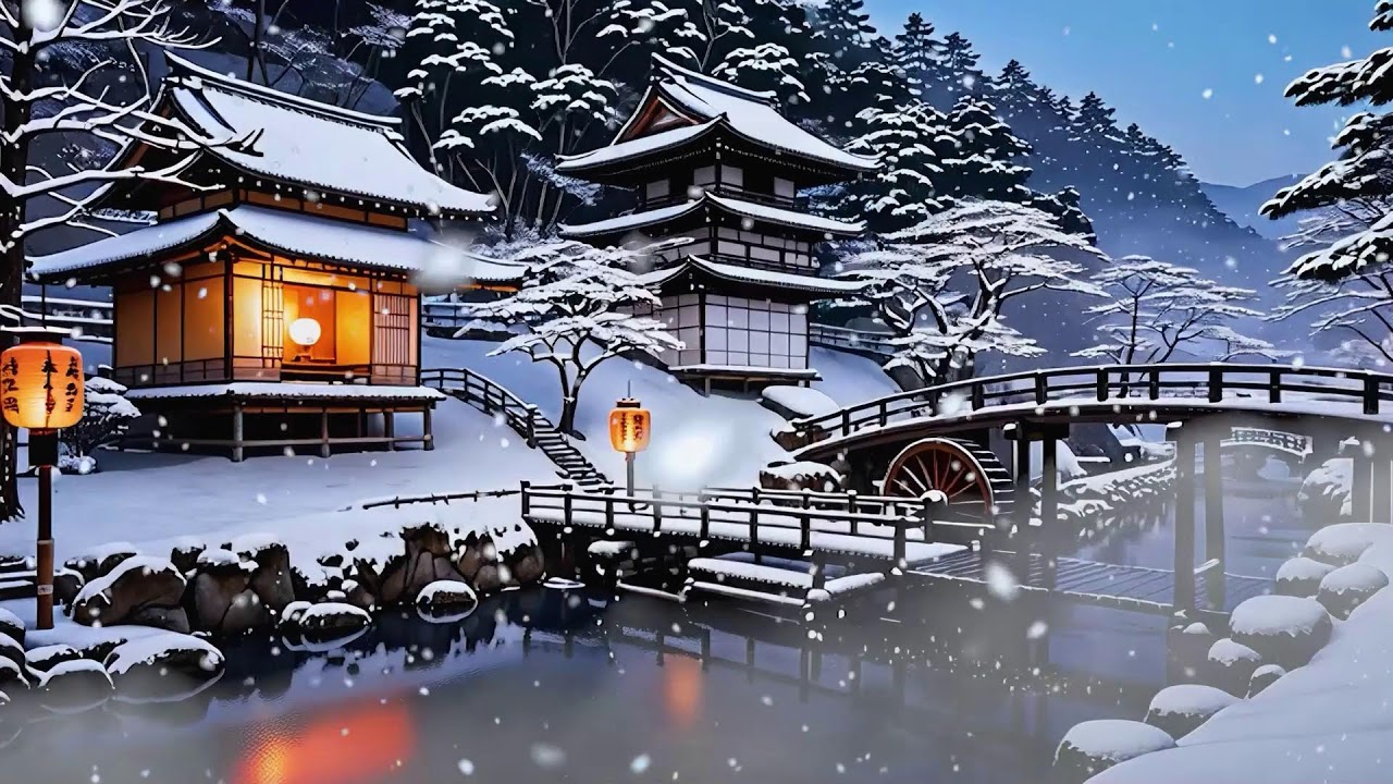 12h Ambient Zen | Music and Water Sounds for Sleep and Relaxation🌙 | 冬の水車瞑想音楽 | Thiền Mùa Đông Vol71