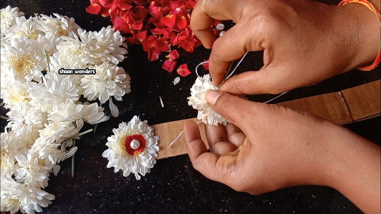 Bridal Poola Jada making using white chrysanthemum flowers and red rose petals/Wedding poola jada