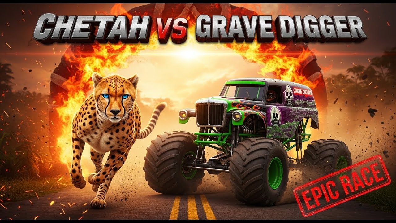 Grave Digger vs. Cheetah? T-Rex interrupt (Cinematic AI Animation) Monster truck racing 2025 actions