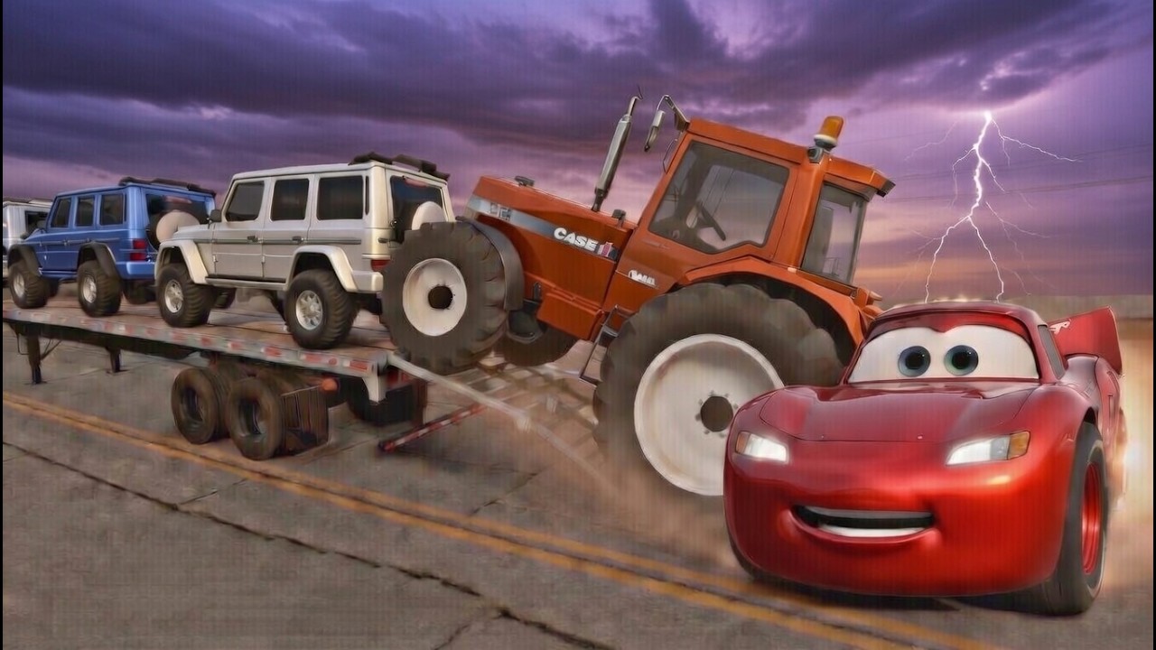 TRANSPORTING PIXAR CARS & FRUITS WITH COLORED & JOHN DEERE vs CLAAS vs TRACTORS - BeamNG.drive