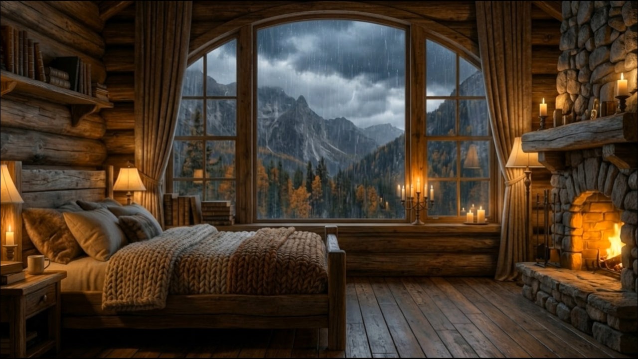 Cozy Fireplace with Rain Sounds | Deep Sleep & Relaxing Night Ambience | 1 Hour | No Music