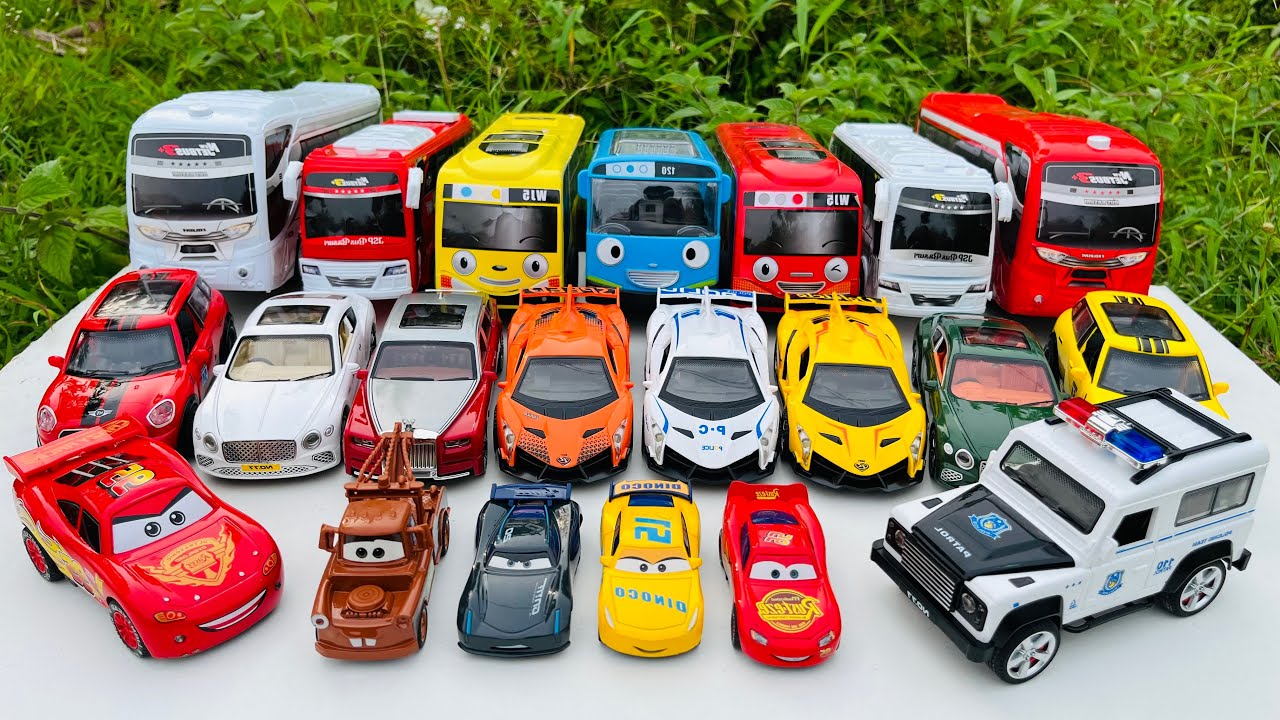 Unboxing toy cars trucks, Tayo, Police cars, Lightning McQueen, Doc Hudson, Sally Carrera, Crus #233
