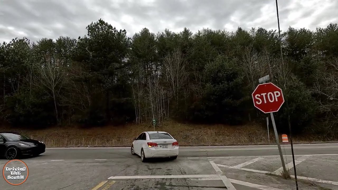 Driving through and out of Blairsville Georgia with dramatic music