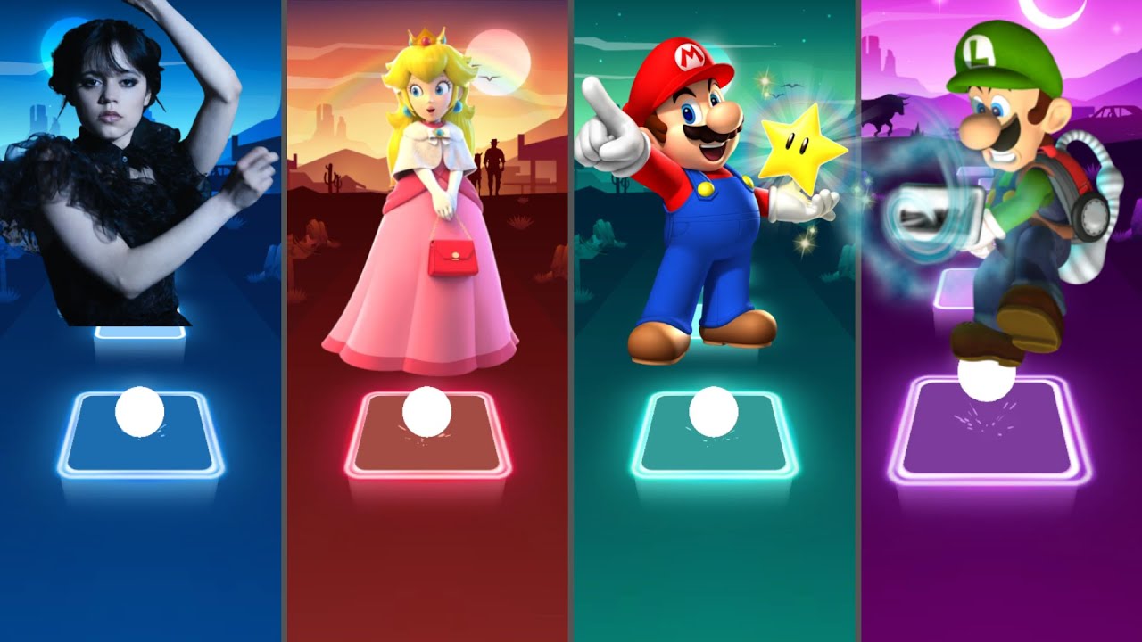 Wednesday Addams - Princess Peach - Mario - Luigi Collab Dance Meme in Tiles Hop EDM Rush !!!