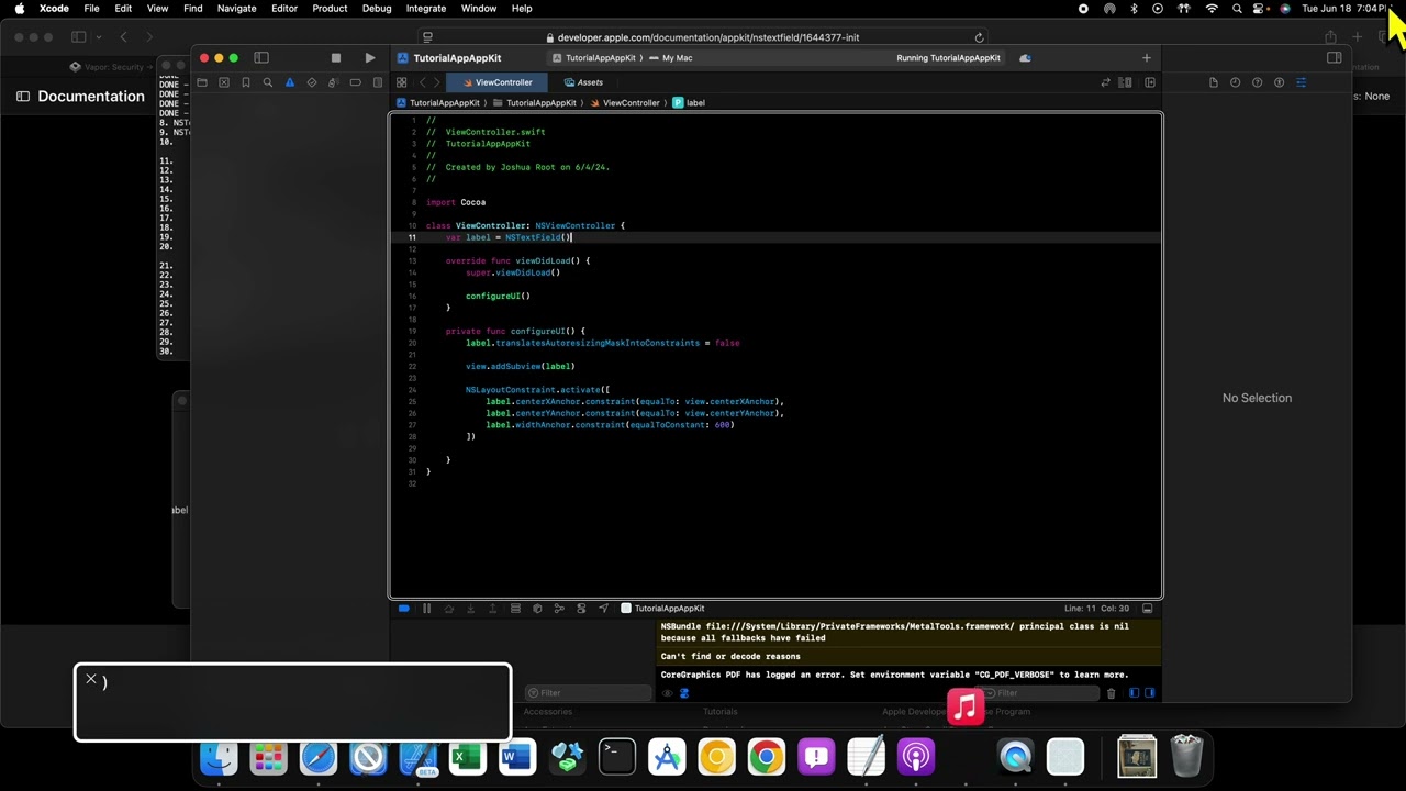 macOS Development with AppKit - 8 - Creating a Label from an NSTextField Without Configuration