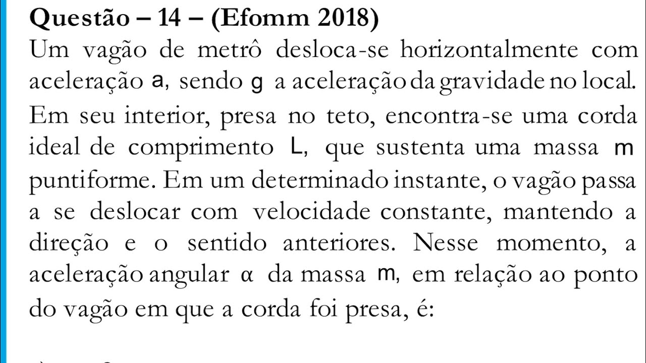 Um vagão de metrô desloca-se horizontalmente com aceleração a, sendo g a aceleração da gravidade no