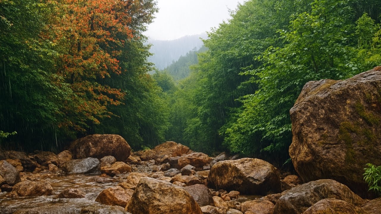 🌧️🌊 Relaxing River Sounds in Rainy Green Woods | 1 Hour Steady Nature Video | Calming White Noise 🍁🌲