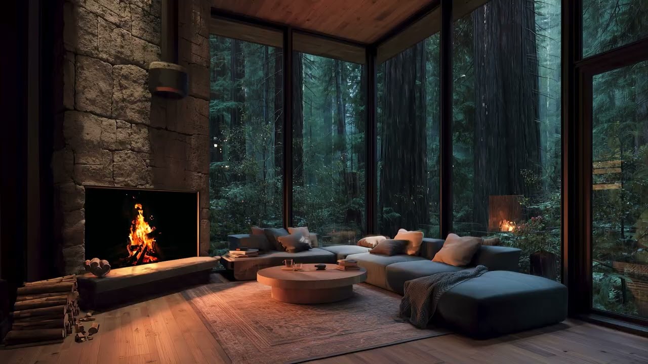 Heavy Rain Falling in Forest | Cozy Living Room for Deep Relaxation & Sleep Aid