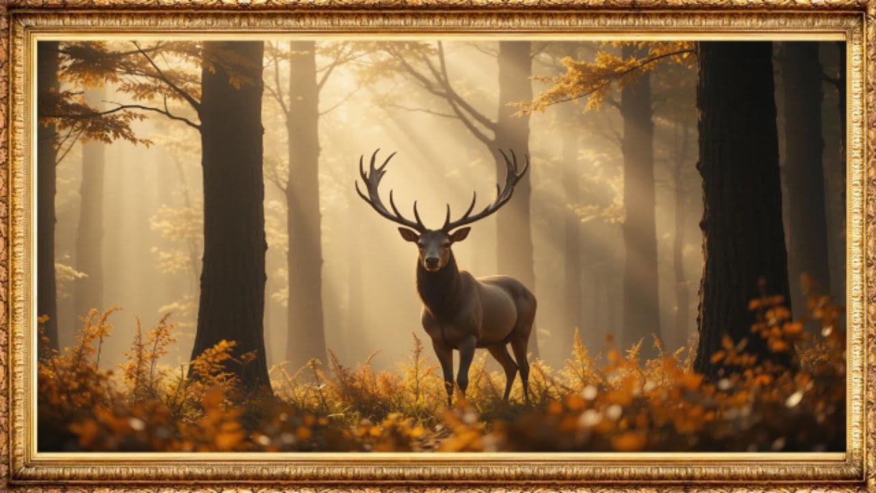 Majestic Deer in Golden Forest | Gold Frame TV Art | 4K Autumn Wildlife Screensaver
