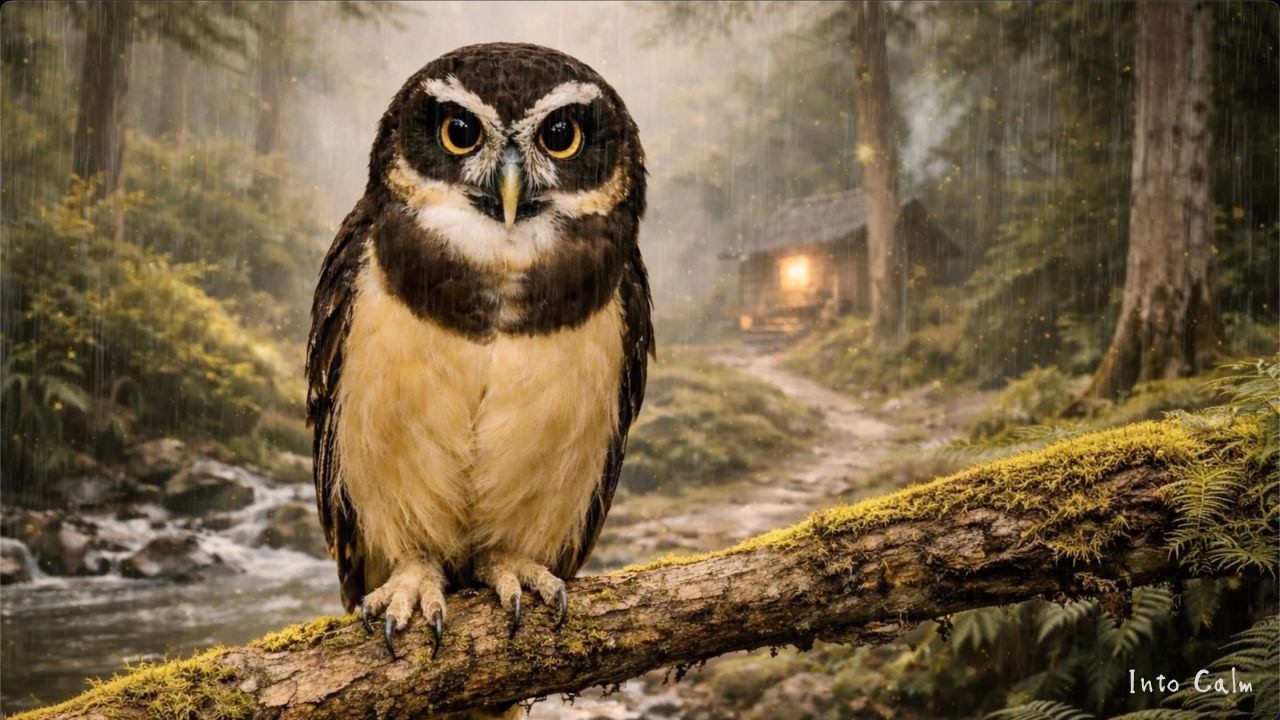 Rain & Owl Ambience | Misty Forest Cabin – 3 Hours