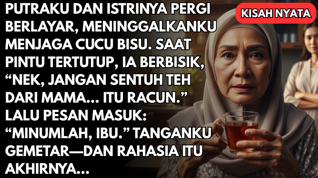 Meninggalkanku menjaga cucu bisu. ia berbisik, “Nek, jangan sentuh teh dari Mama… itu racun.”