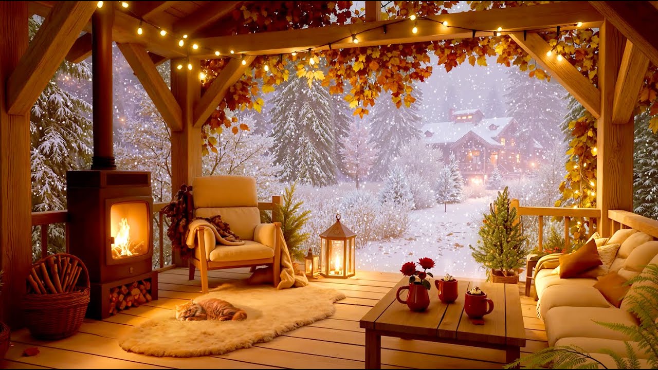 Cozy Cabin First Snowfall Ambience ❄️🔥 &ndash; Crackling Fireplace, Sleeping Cat & Relaxing Winter Sounds