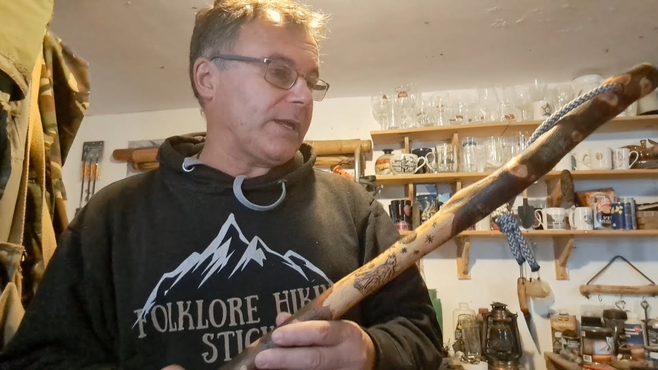 Hawthorn Hiking Stick with Hare looking at the moon artwork. A Folklore hardwood hiking stick.