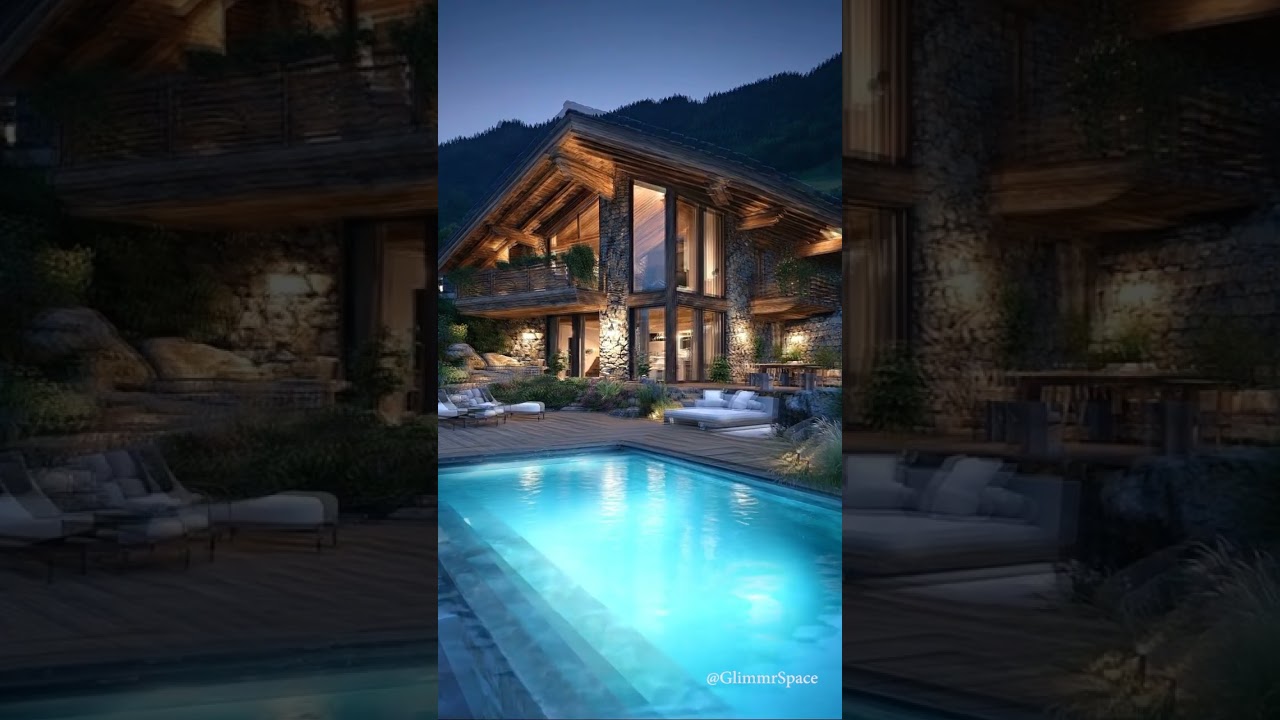 a luxurious, modern log cabin with a pool and wooden terrace in a mountainous area at night 