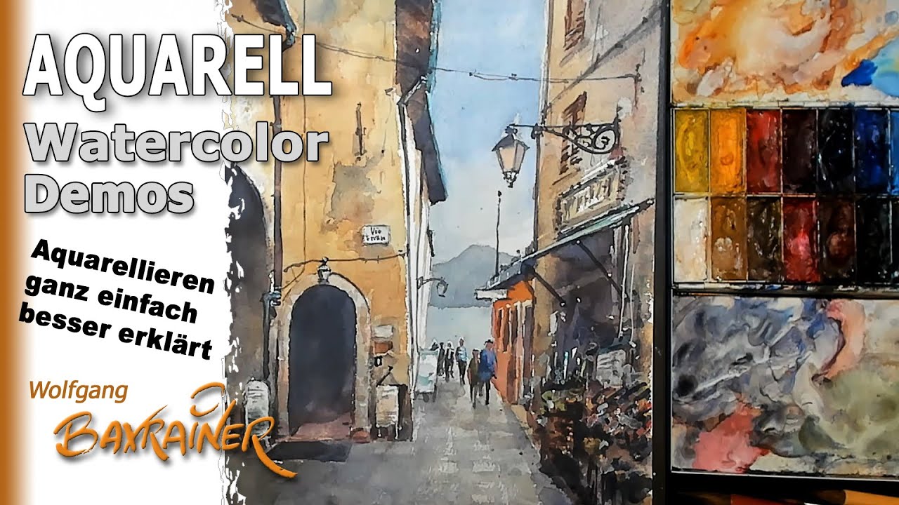 Aquarell: Alte, malerische Gasse, Häuser mit abgeblättertem Putz
