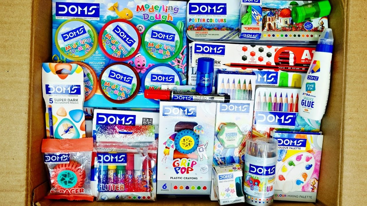Unboxing Showing DOMS Stationery Plastic Crayons, sketch pen, Glitter, Oil Pastel, Bi-Colour, eraser