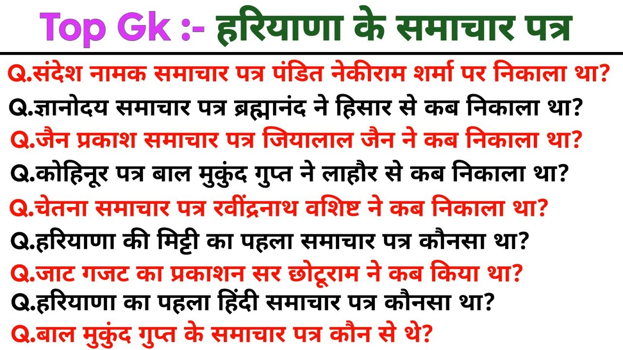 हरियाणा के समाचार पत्र | Most important Haryana Gk | CET HSSC 2025 | Haryana Gk For CET HSSC |