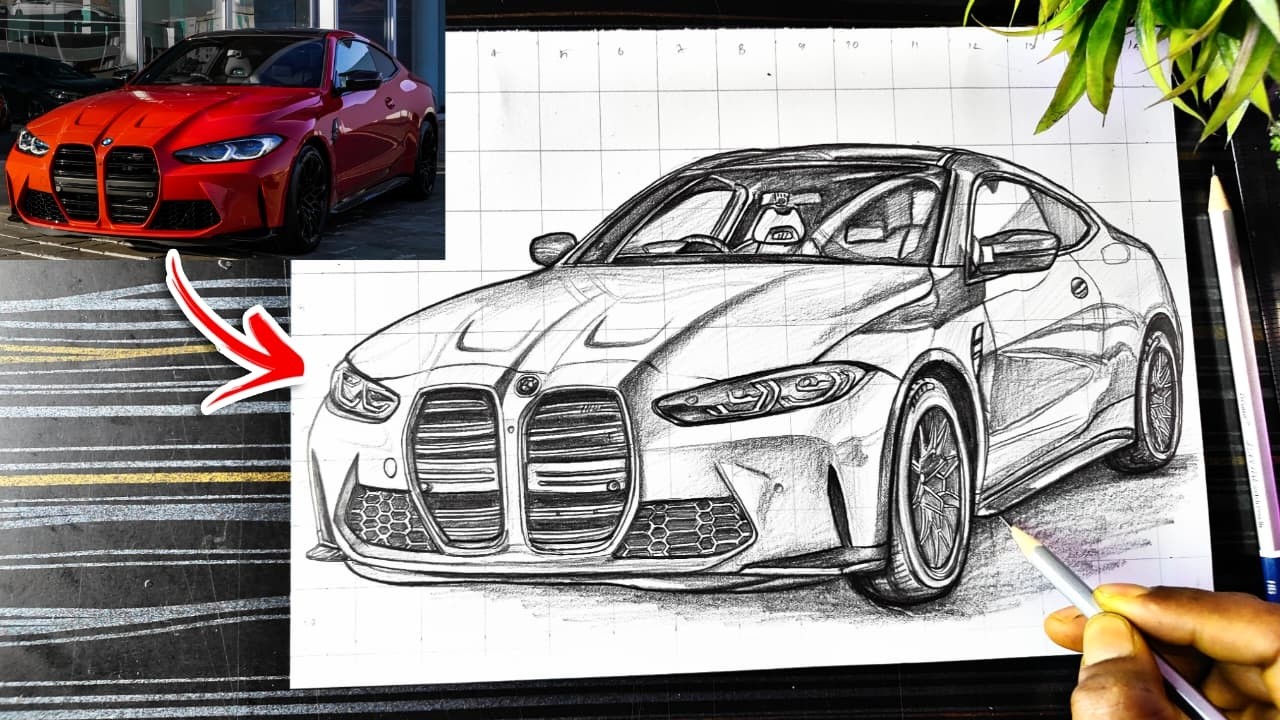 BMW  M4 Car Drawing Outline 🔥, How To Draw BMW Car,  Step By Step Tutorial