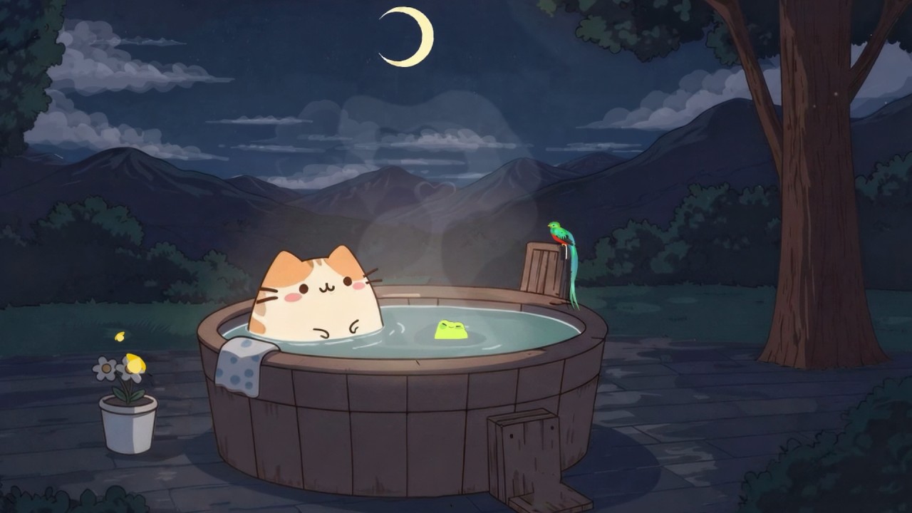 Cat's Lofi Hot Tub Relaxing Evening Sounds 🌙 Cozy Night Ambience 🛀 Chill Music to Unwind & Sleep