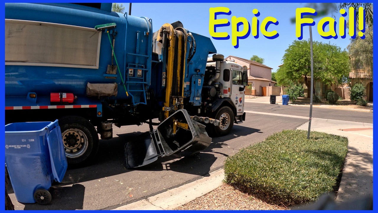 Trash goes flying! Smokin' Garbage Truck Fail!