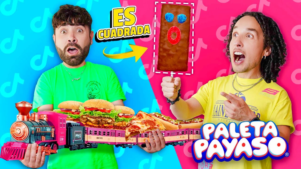 PROBAMOS LA COMIDA +VIRAL DEL MOMENTO, Paleta Payaso Cuadrada, Hamburguesa en un tren 🐽🔥