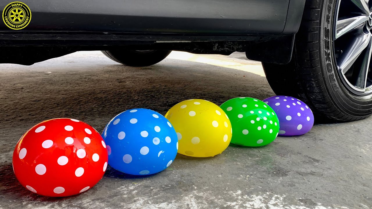 Experiment Rainbow Water Balloon vs Car! Crushing Crunchy, Soft Things with Car! 🔴🟡🟢🔵🟣