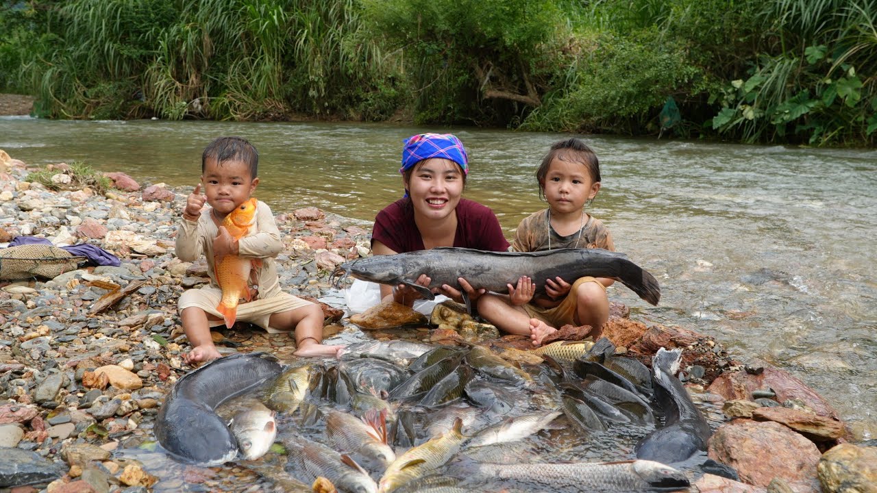 how to catch giant pond fish after rainy day to sell at market -buy fruit for little daughter to eat