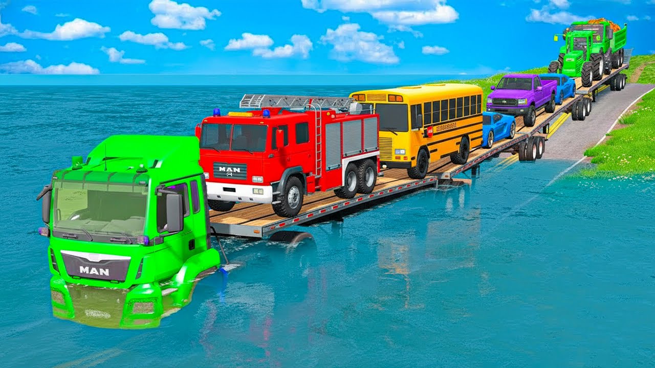 Triple Flatbed Trailer McQueen Transportation with Truck - Speedbumps vs Cars vs Train - BeamNG #33