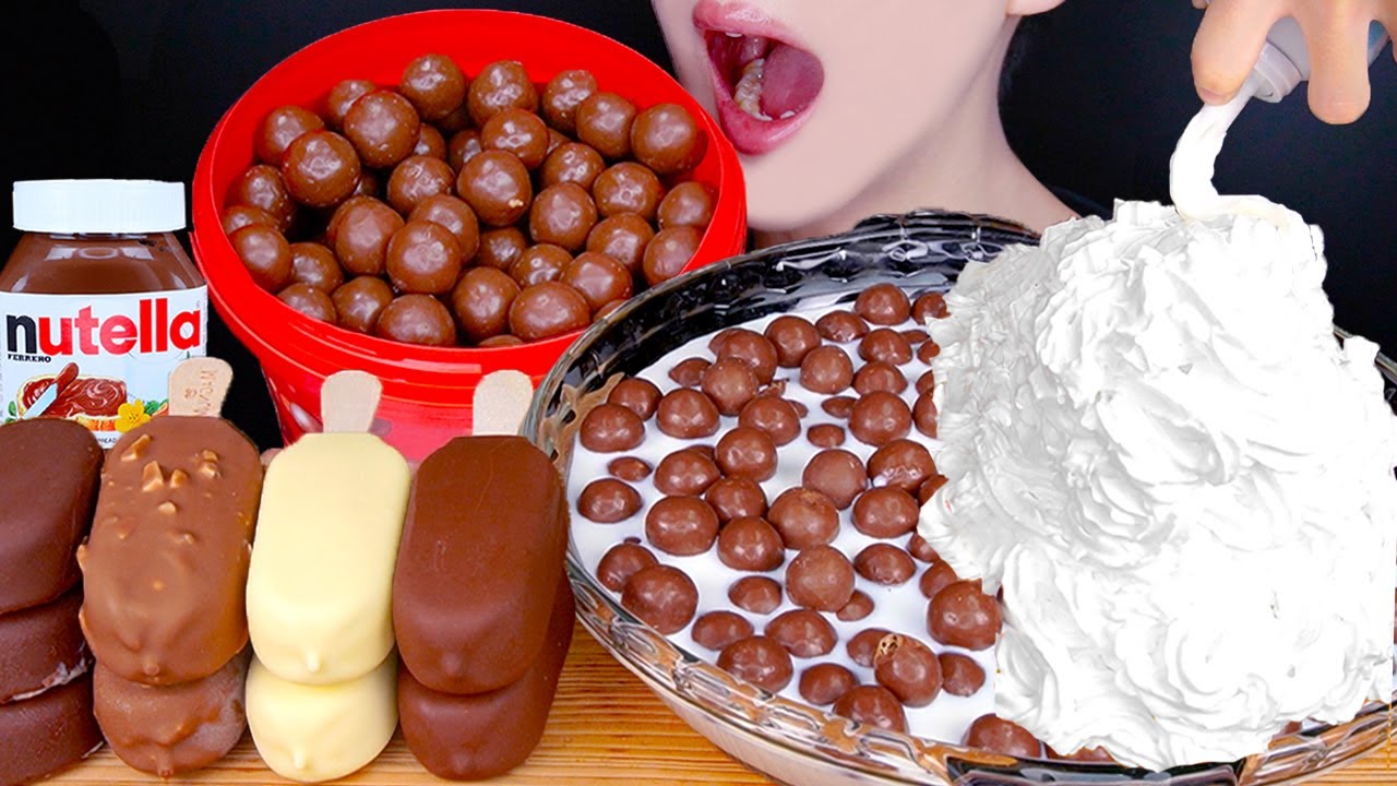 ASMR MALTESERS MAGNUM CHOCOLATE ICE CREAM DESSERT NUTELLA TWIX M&M'S MUKBANG몰티져스 먹방 咀嚼音EATING SOUNDS