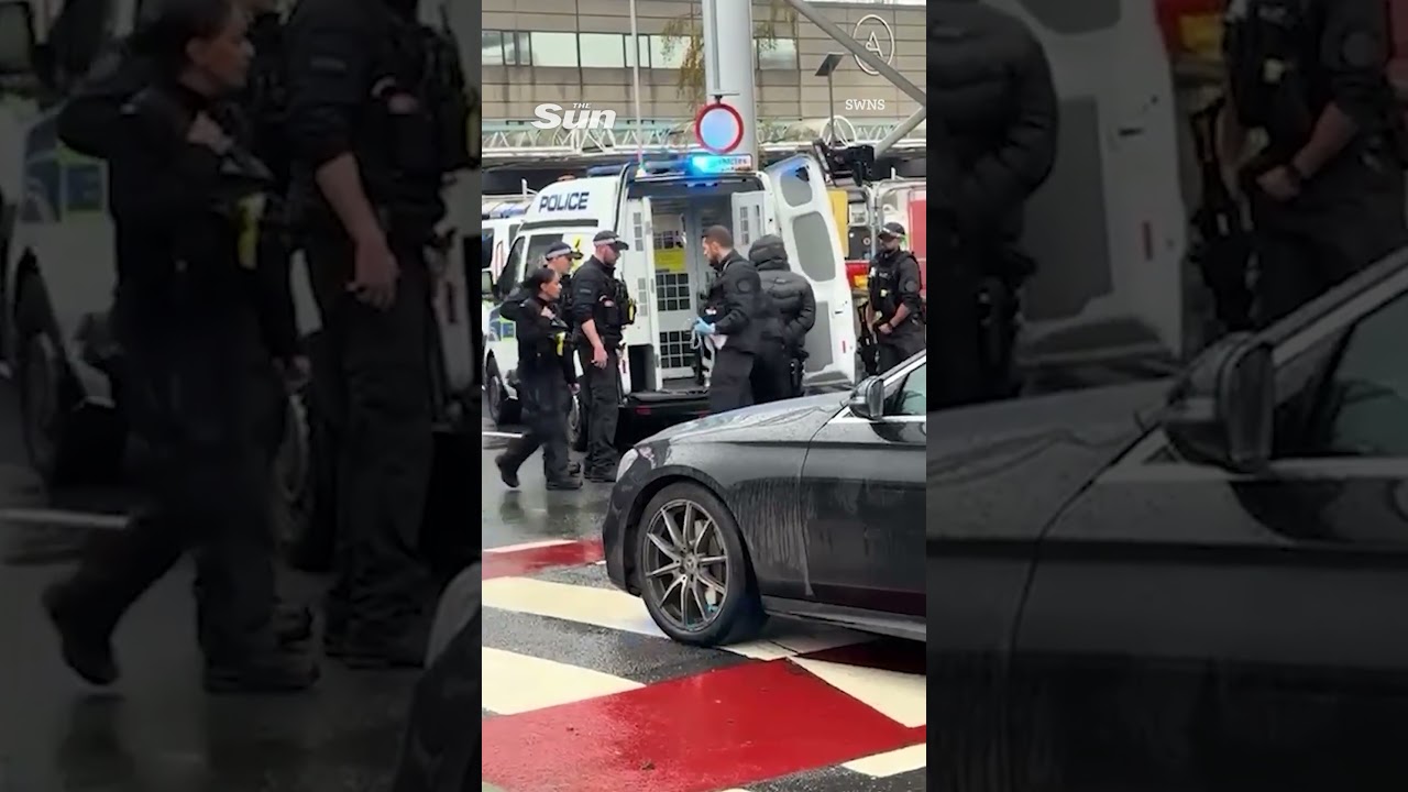 Moment man arrested after girl, 3, among 21 hurt in Heathrow pepper spray attack after 'robbery&rsquo;
