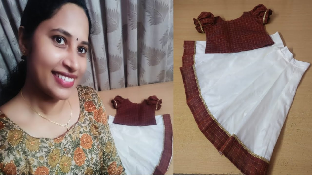 Pattu Pavada /Pavadai and Top Cutting and Stitching in Malayalam/Kids Onam special Skirt and Top