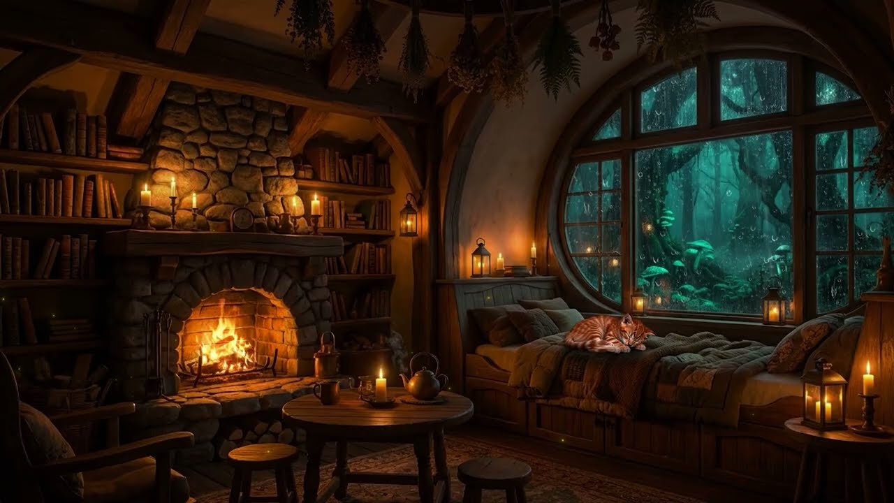 Cozy Fantasy Cottage in the Woods (NO ADS) | Rainy Night & Fireplace Sounds 🕯️😴