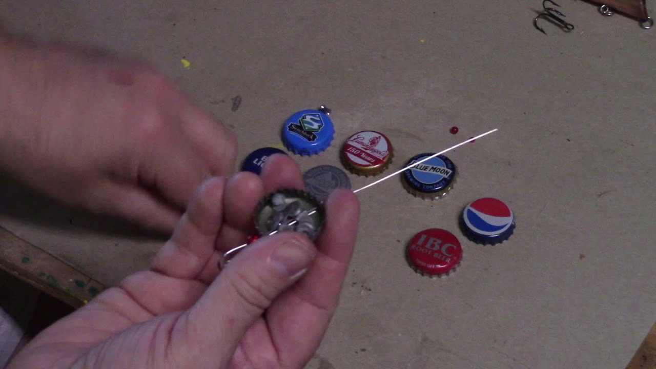Making a in line spinning lure with a bottle cap.