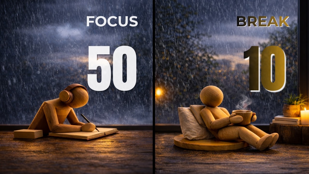 Heavy Rain Study Timer | 50/10 Pomodoro ×5 | 5 Hours Deep Focus