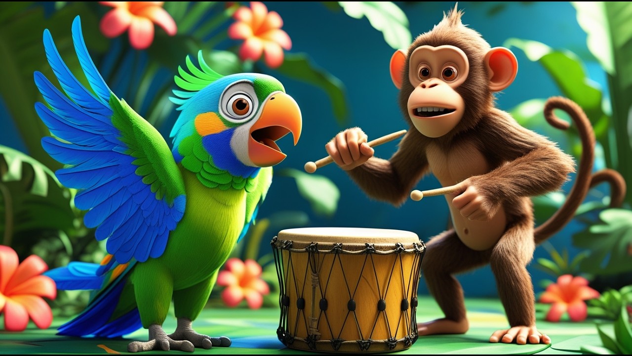 Parrot Sings a Song and Monkey Beats the Drum | More Kids Rhymes | Rhyme Land