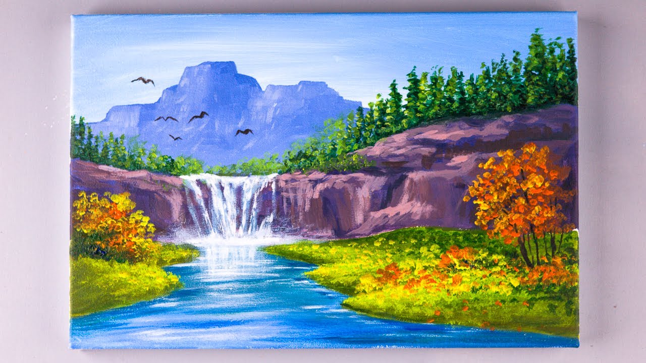 Waterfall Landscape painting / Easy Way to Paint waterfall / Acrylic Painting for Beginners