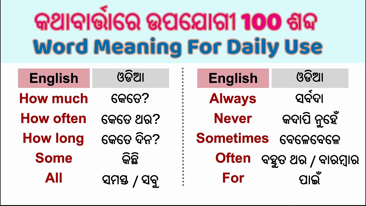 100 common word meaning in odia ll basic word meaning practice for spoken english ll ADL