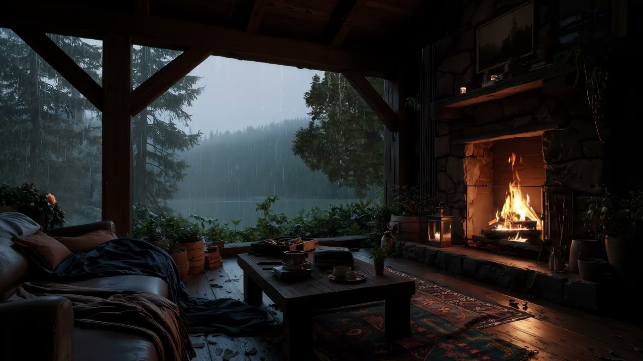No Ads  Peaceful Night Fireplace Calm Rain and Soft Distant Thunder