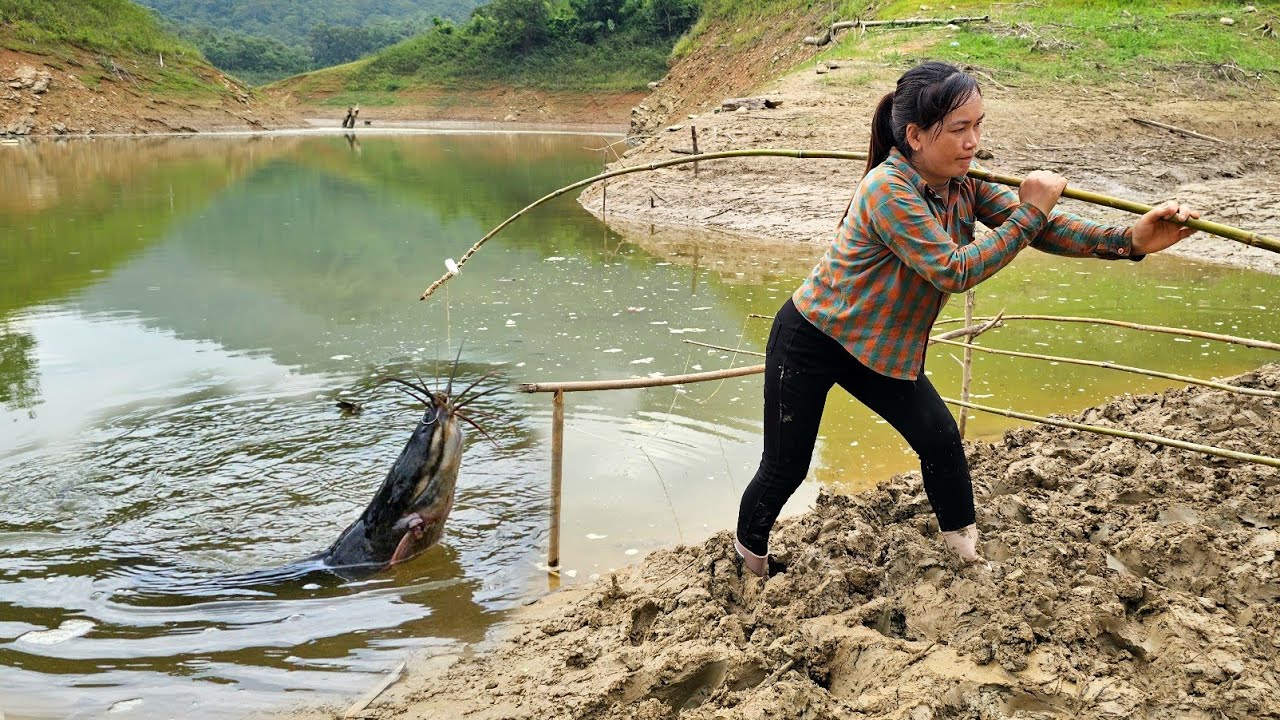 Single Mom's Fishing Skills - Bamboo Rod Fishing Technique to Catch Giant Catfish