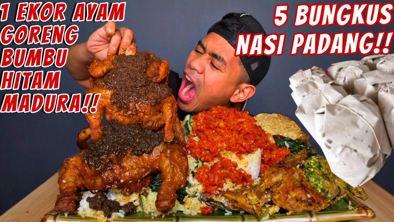 BUKA PUASA MAKAN 5 BUNGKUS NASI PADANG PAKE 1 EKOR AYAM BUMBU HITAM MADURA!!