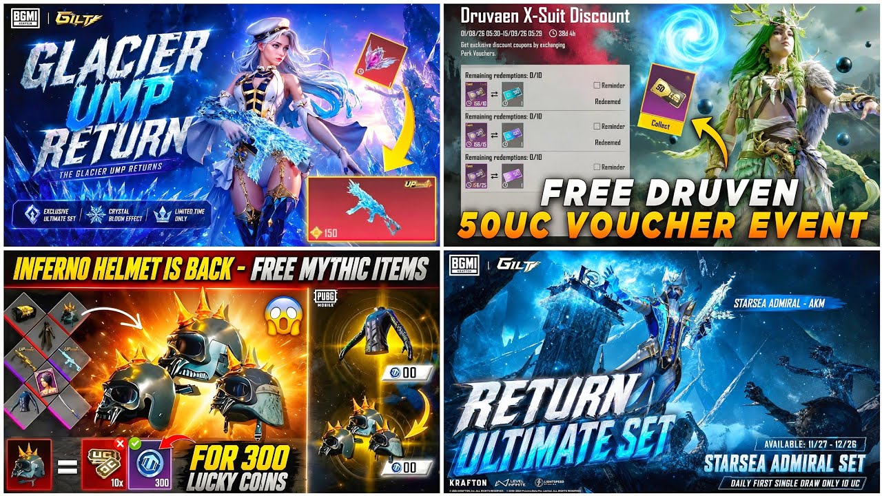 🔴 GLAICER UMP RETURN 🥶 NEW X-SUIT 50UC VOUCHER CONFIRM ✅ INFERNO HELMET RETURN 🔥 RETURN ULTIMATE SET