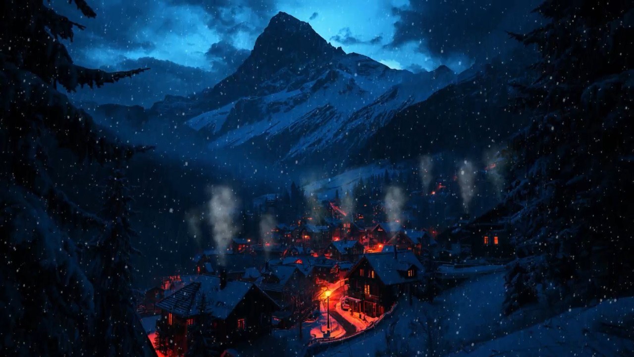 Snowfall Over a Quiet Mountain Village ❄️ Relaxing Fireplace Crackling & Winter Wind Ambience