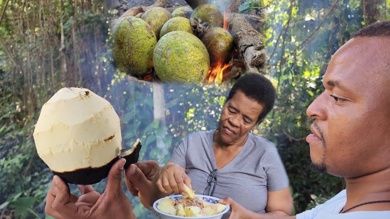 Roast breadfruit w salt mackerel rundown - USA guests cooked for us