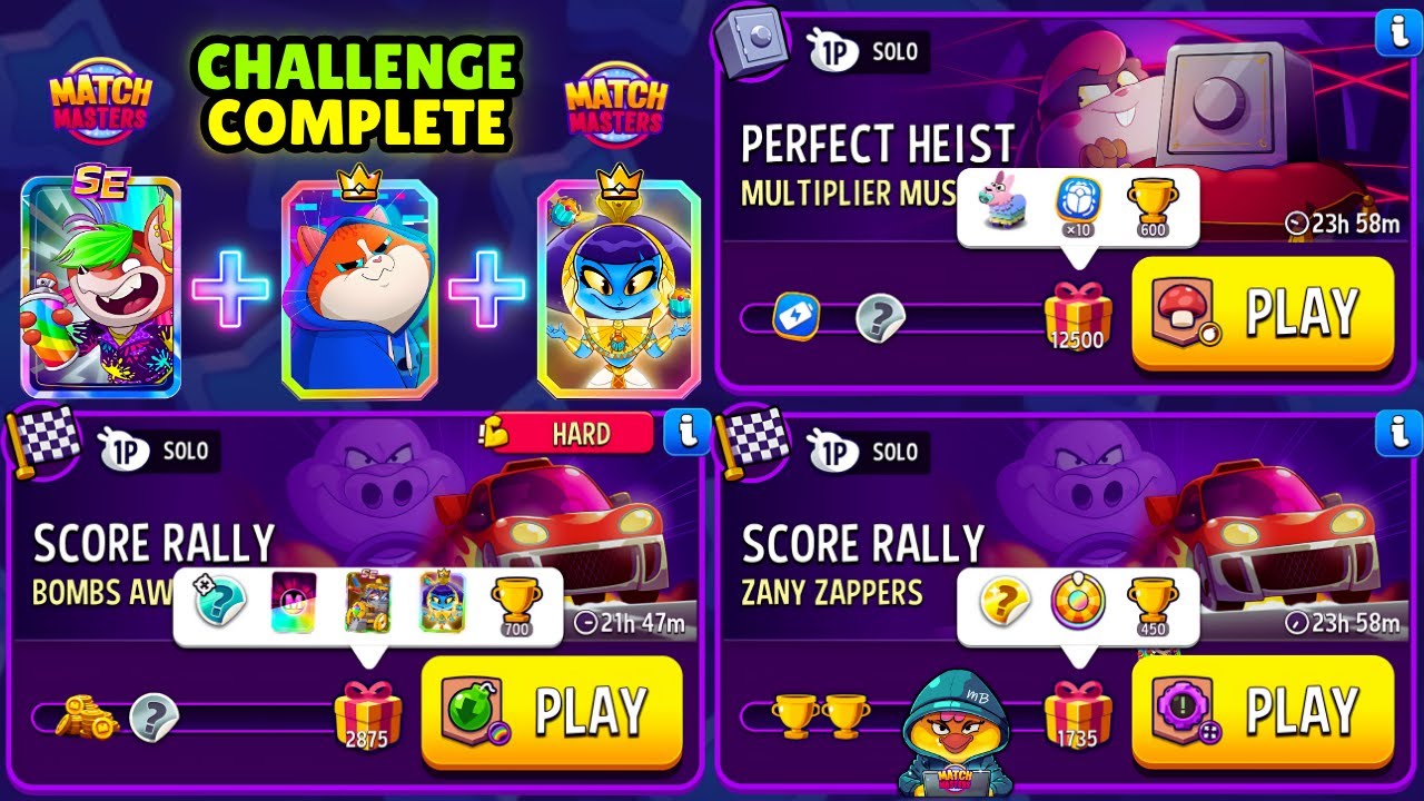 x3 Solo/ HARD Bombs Away Score Rally/ Zany Zappers Score Rally/ Multiplier Mushrooms Perfect Heist