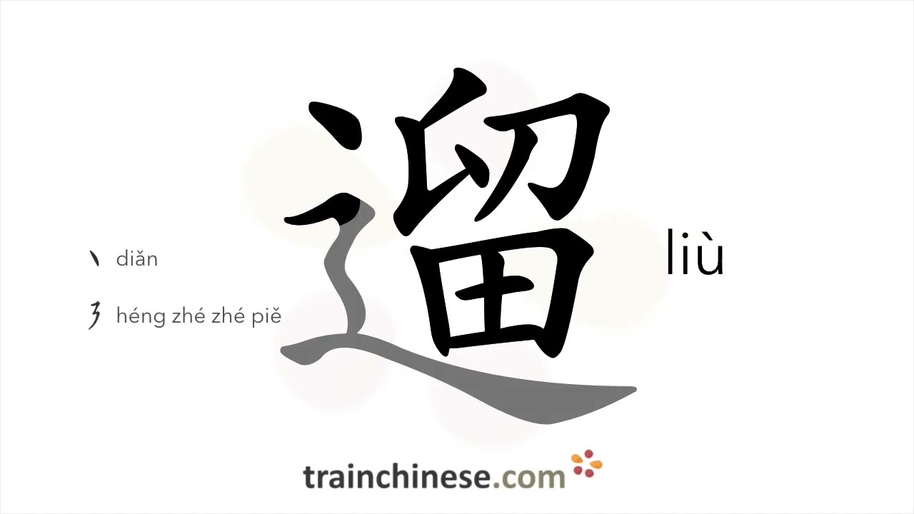 How to write 遛 (liù) – saunter, stroll – stroke order, radical, examples and spoken audio