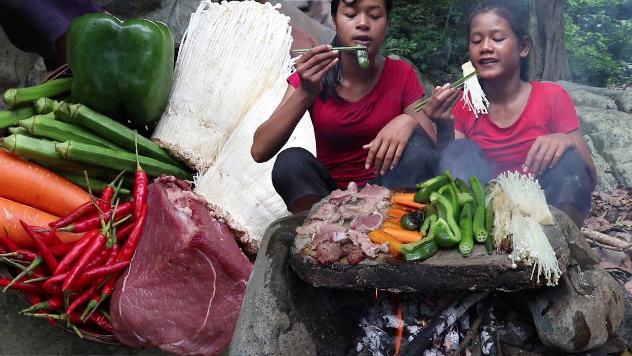 Wow! Yummy Beefsteak with Mushroom on the rock Vs Hot peppers sauce - My Natural Food ep 55