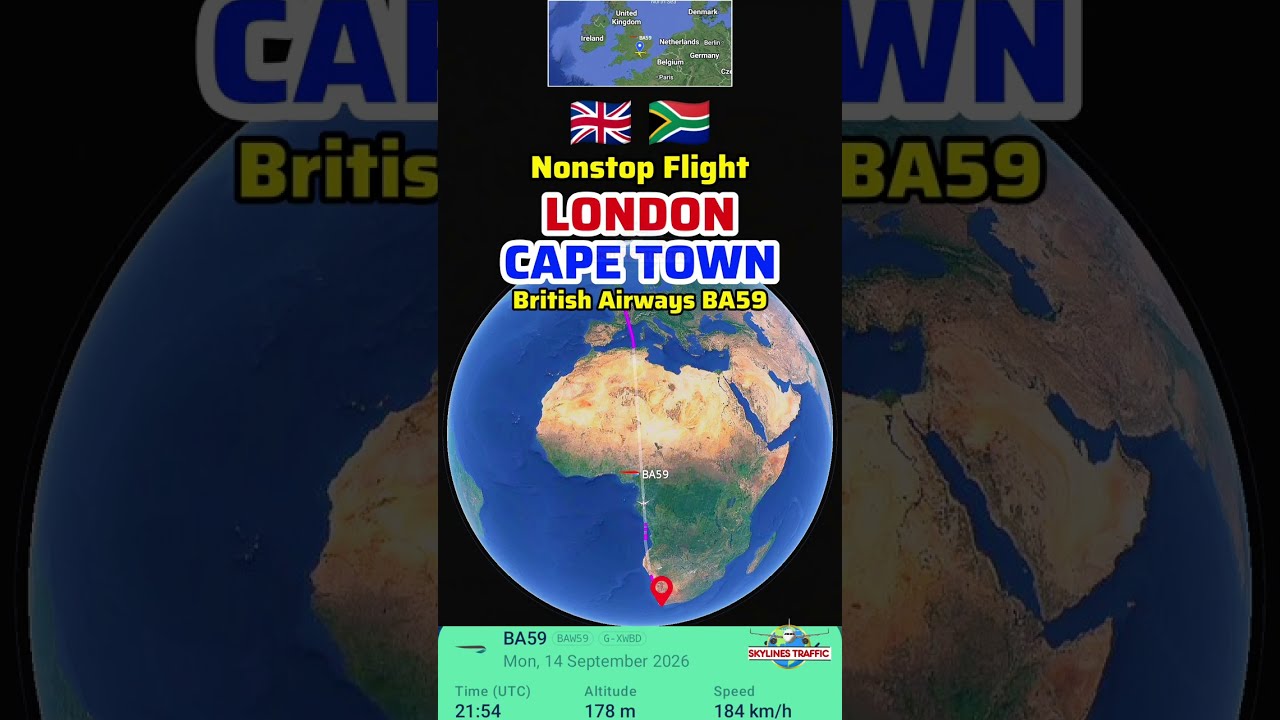 London to Cape Town Flight Route with British Airways BA59 | Airbus A350-1041