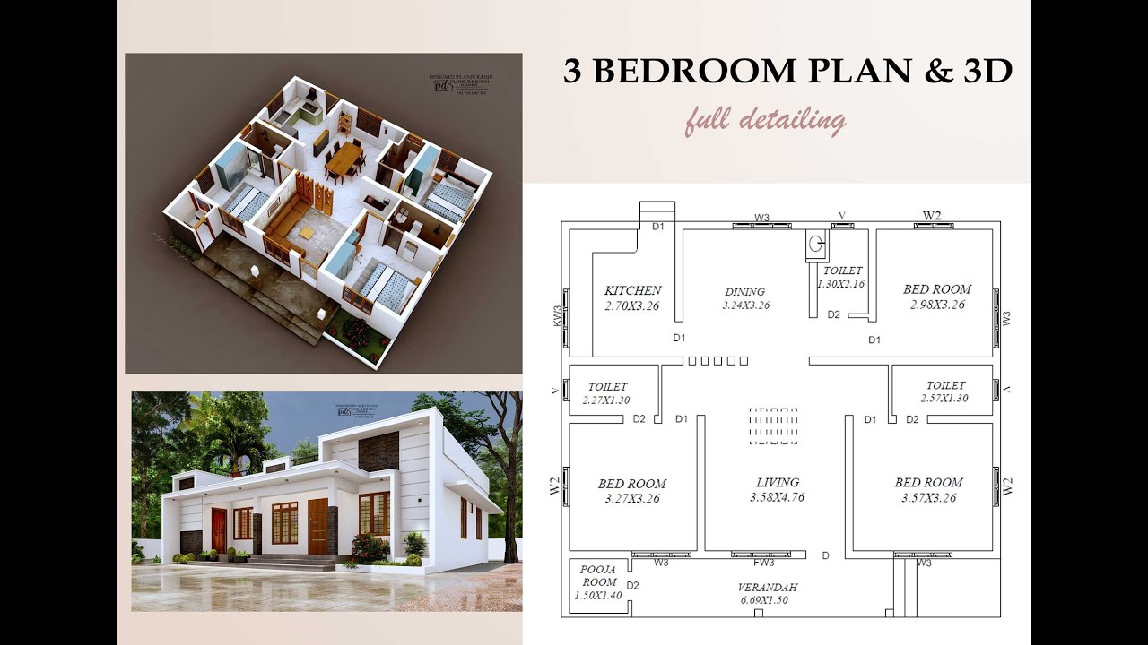 HOME 3 BHK PLAN AND 3D DESIGN /ANJU KADJU/ FULL DETAILING