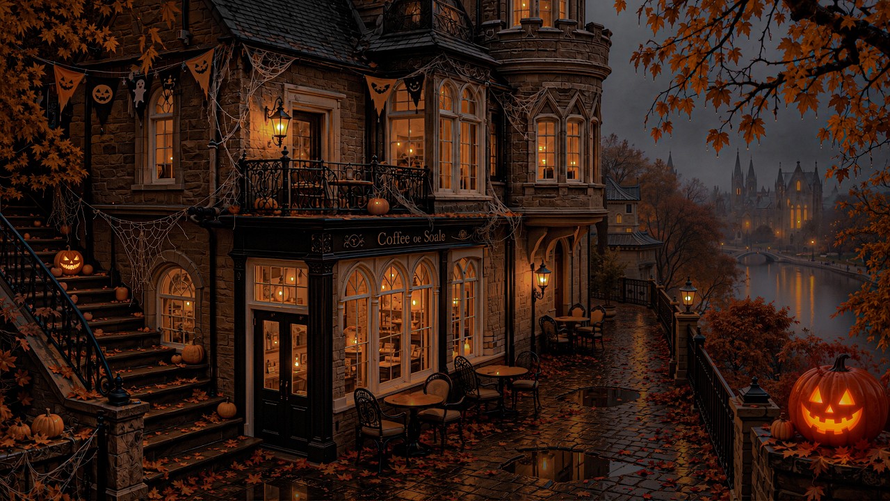 Autumn Rain at a Gothic Riverside Caf&eacute; | Pumpkin Glow & Halloween Ambience | Dark Academia Playlist